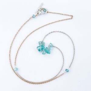 Vintage Silver Tone Blue Green Sea Glass Beaded Necklace 16”